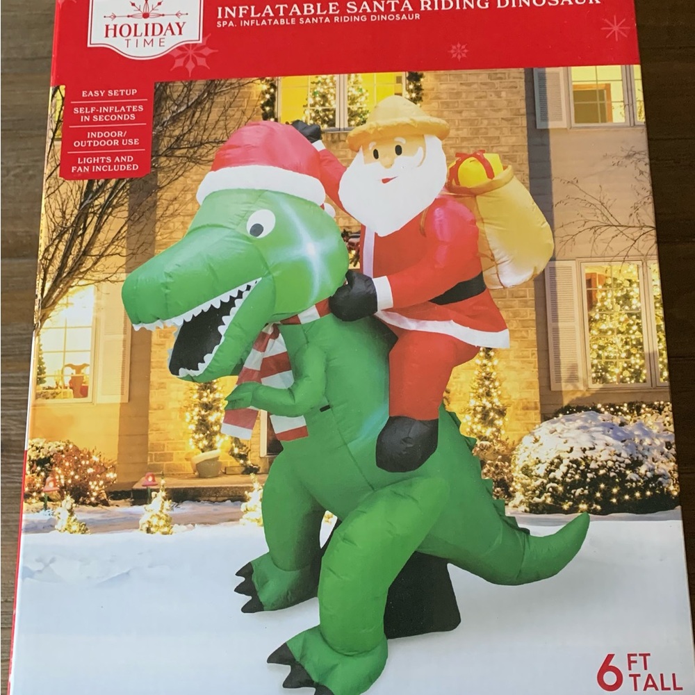 Holiday Time Santa on Green Dinosaur Inflatable